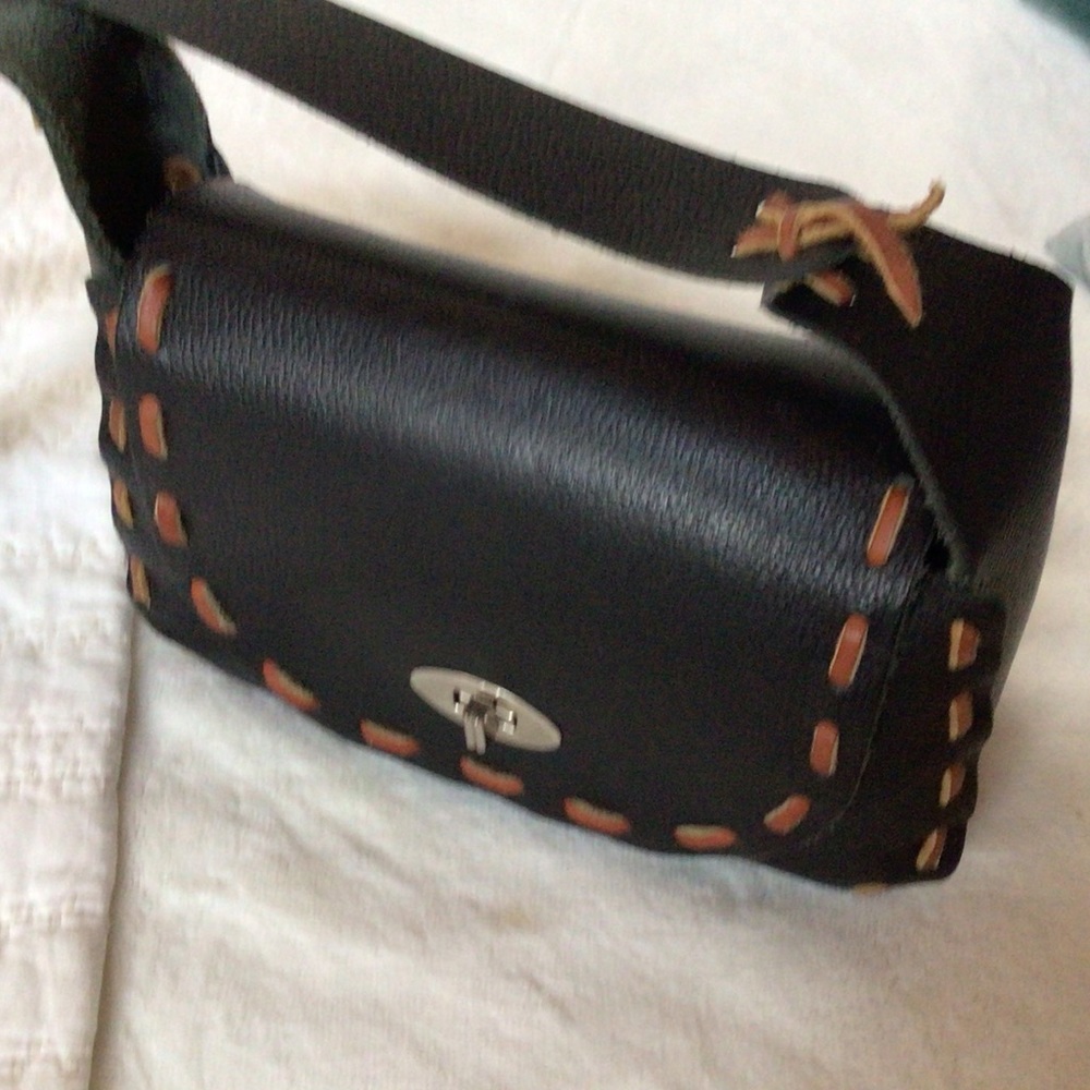 Artisan Black Pebbled Genuine Leather Front Flap Boho Purse Shoulder Bag, New - Picture 6 of 7